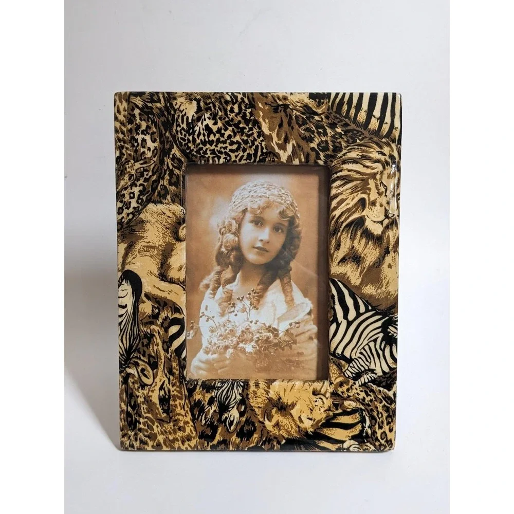 Vintage 1990's Safari Animal Picture Frame Lion Zebra Leopard Print‎ 9.5x7.5